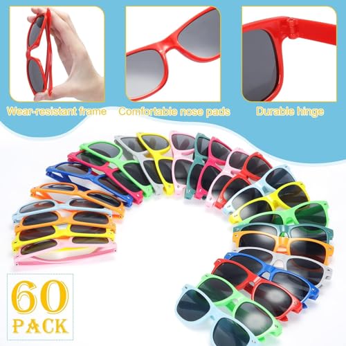 60 Pack Kids Neon Sunglasses Party Favors Bulk, 10 Colors Neon Party Sunglasses Colorful Novelty Sunglasses Cool Sun Glasses for Classroom Prize, Goody Bag Filler, Birthday Party Age 3-83