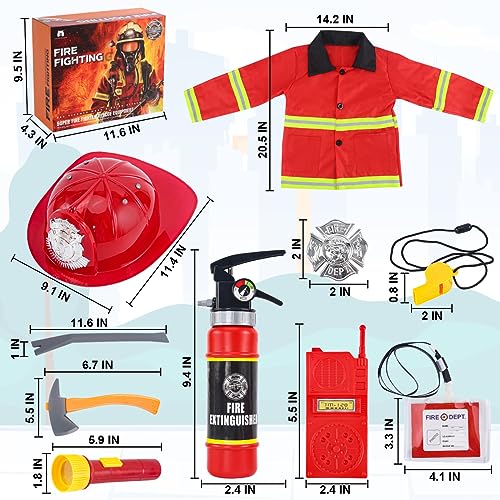 Fireman Costume for Kids, 10 Pcs Firefighter Costume with Toy Accessories Set, Fireman Role Play Outfit Toys, Kids Fireman Dress Up Clothes, Halloween for Boys Toddlers Ages 3 4 5 6 7