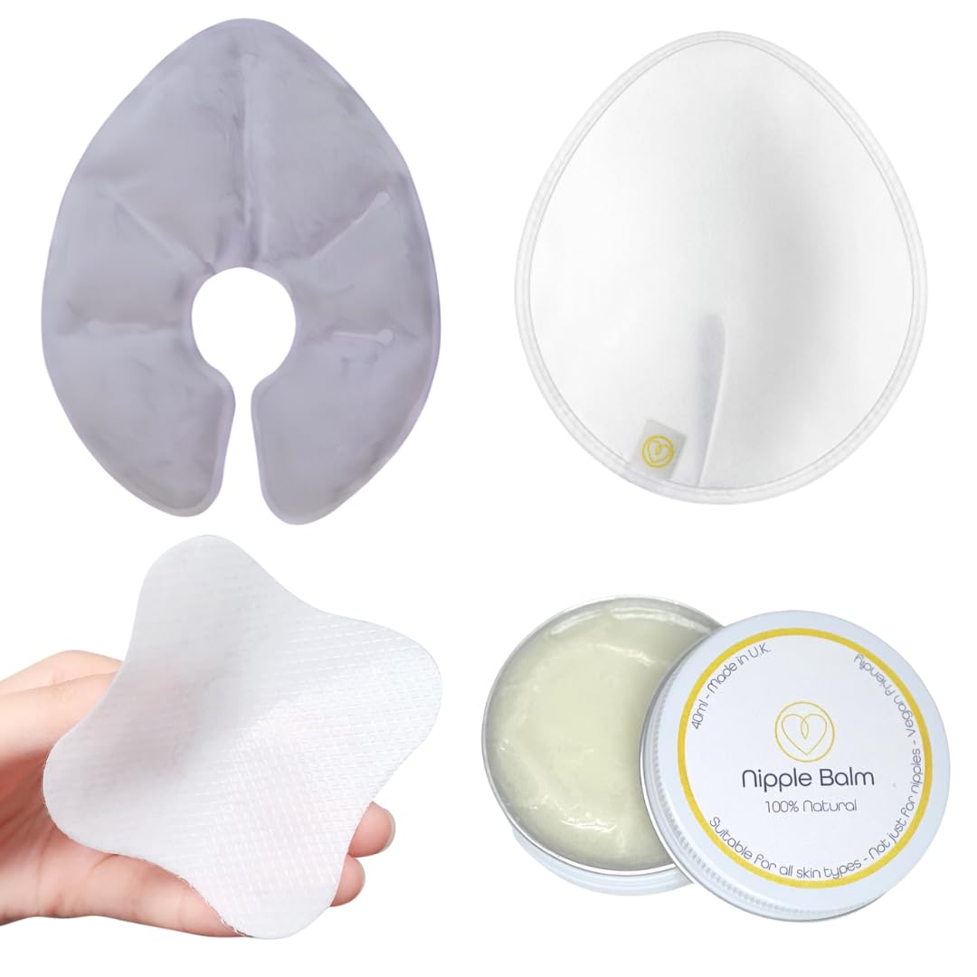 First Days Maternity - Breastfeeding Bundle, Hydrogel Breast Pads, Natural Nipple Balm, Large Reusable Bamboo Cotton Breast Pads and Hot and Cold Gel Breast Packs. Suitable for All Breast Feeding Mums