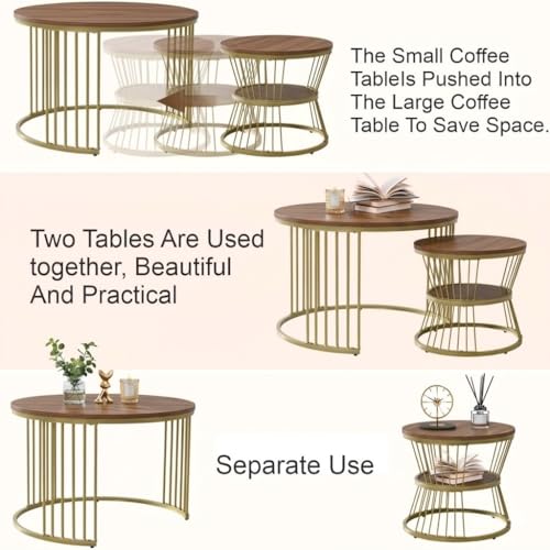 Image of MELVON Lightweight Nesting Coffee Table Set of 2, Golden Frame with Walnut Finish Top, Space Saving Round Center & Side Table for Living Room