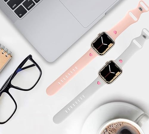 Miniatura 6 de MORWLAT Paquete de 2 correas de silicona compatibles con Apple Watch Series 8 SE de 1.654 in 1.732 in 1.772 in-rosa corazón para mujer, correa suave