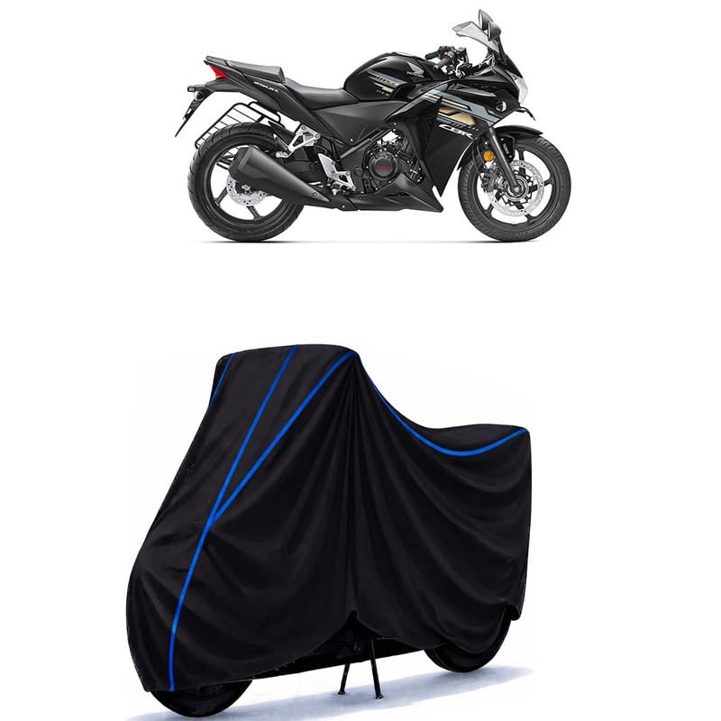 Image of CBR-250 R Bike Cover Water Resistant Universal Motorcycle Rain | Heavy Duty UV Protection, Dust, Scratch Indoor Outdoor All Weather with Black Blue Piping Elastic