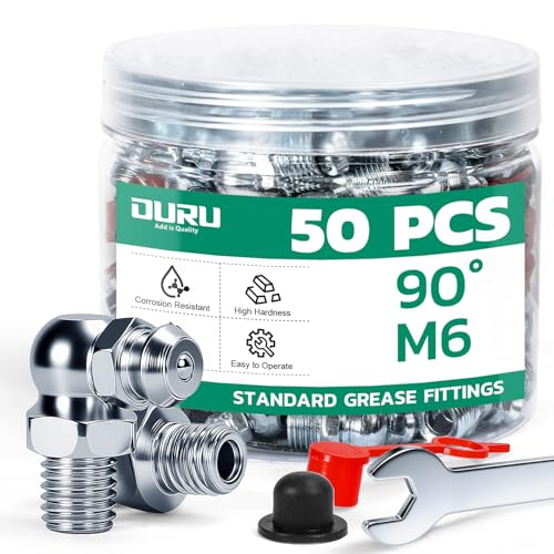 Image of OURU 50PCS M6 METRIC Grease Fittings Kit, Zerk Grease Fittings 90 Degree with Grease Fitting Caps & Wrench Kit(9mm) for Grease Gun