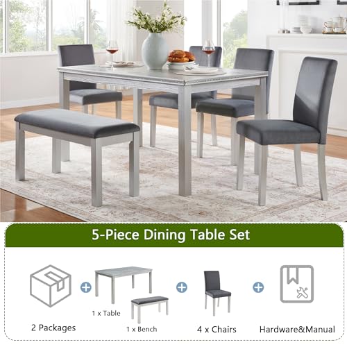 Image of KEIKI 6-Piece Standard Height Dining Table Set with Rectangular Table, 4 Upholstered Chair, Bench, for 6 Person, Crystal Decoration Table Set, Easy Assembly, for Kitchen, Dining Room, Silver Grey