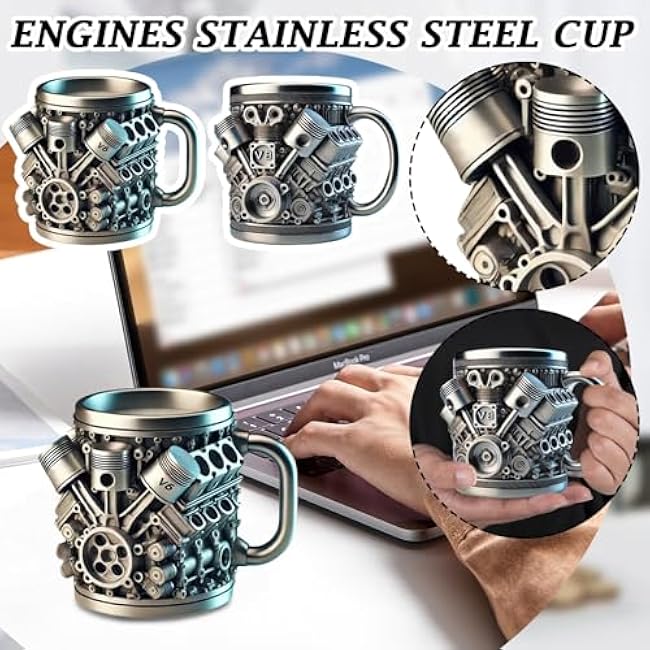 V8 Engines Stainless Steel Cup Coffee Mug, 15oz V8 & V6 Personalized Stainless Steel Mug with Insulated Handle Metal Stylish V8 Engine Coffee Mug Coffee Mugs for Car Lovers Travel (V6)