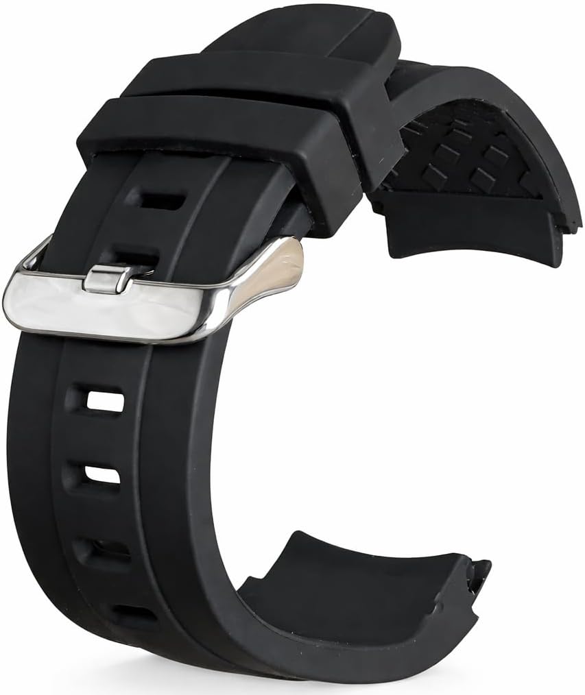 22mm Black Silicone Rubber Replacement Watch Band with Curved End for Men
