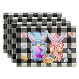 Buffalo Plaid Bunny Gnomes Eggs Easter Placemats Set of 4 Spring Seasonal Checked Linen Washable Kit