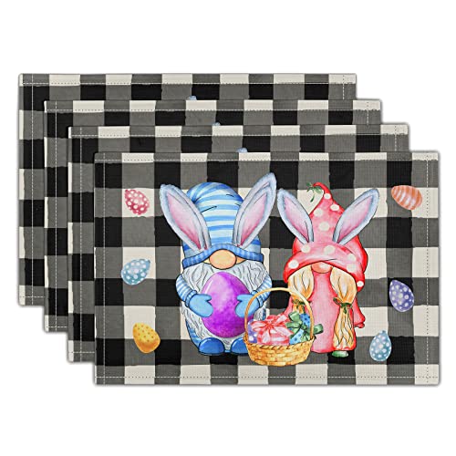Buffalo Plaid Bunny Gnomes Eggs Easter Placemats Set Of 4 Spring Seasonal Checked Linen Washable Kitchen Dining Table Mats Stain Heat-Resistant Desktop Decor Place Mats For Home Party Indoor 12X18 In #TOP16