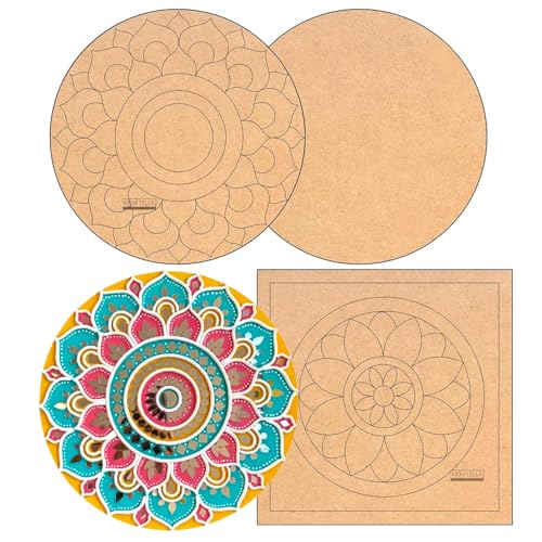 Image of KRAFTELLA Lippan Mandala Art Materials Diy Kit With Four Designs Mdf Board 3 Pcs Round & Square(2 Premarked 1 plain Board) Diwali Decoration For Home Decor Engraved Painting MDF Base 8inch Multicolor