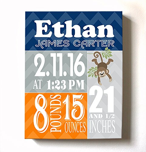 Personalized Stretched Canvas Birth Announcement Gift, Custom Baby Name, Date, Weight Stats, Newborn Nursery Monkey Wall Art Decor, Wooden Frame Construction, Ready to Hang 11X14