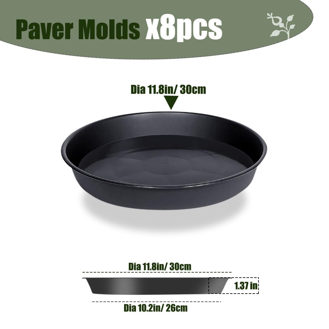 8 Pcs Stepping Stone Mold, Round Plastic Paver Molds for Concrete, Dia 11.8in/ 1.37 in Depth Cement Black Tray, Reusable DIY Form for Paving Garden Path, Walkway, Patio, Outdoor Landscaping