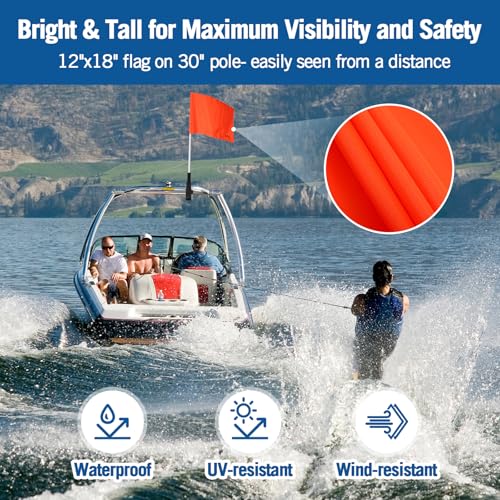 Image of Affordura Orange Boat Flag With Holder Mount, 12 x 18 Inch, 30 inch Pole
