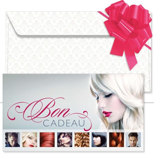 Bon cadeau à remplir coiffeur : lot de 25 formulaires imprimés avec enveloppes et rubans