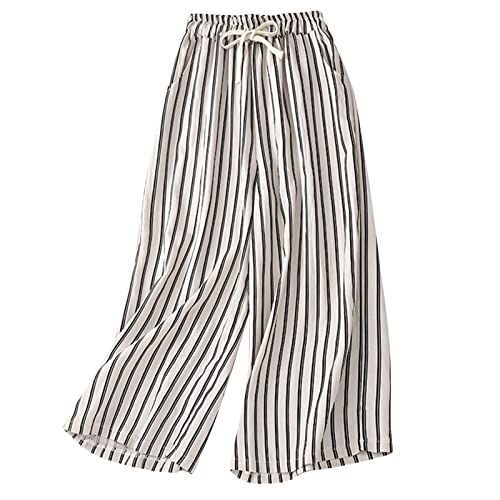 Women Cotton Linen Pants Wide Leg Striped Plus Size Pant High Waist Loose Comfy Trousers Casual Summer Fall Sweatpant