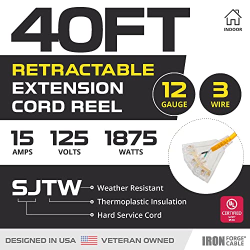 40 Ft Retractable Extension Cord Reel - 2 In 1 Mountable & Portable Power Cord Reel With 3 Electrical Outlets - 12/3 Sjtw Heavy Duty Yellow Cable, 15 Amp #TOP1