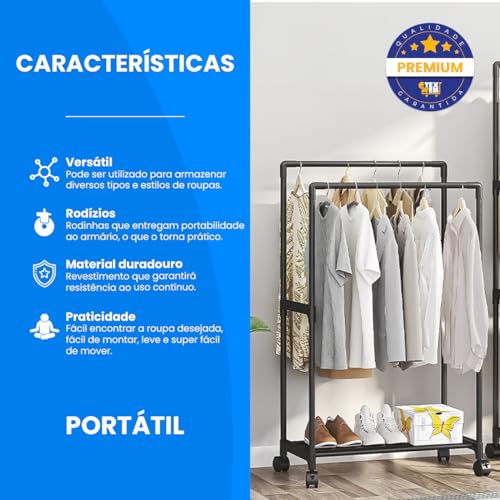 Arara De Roupas Armario Cabideiro Organizador Aberto Multiuso Com Prateleira E Rodizios Sapateira 11