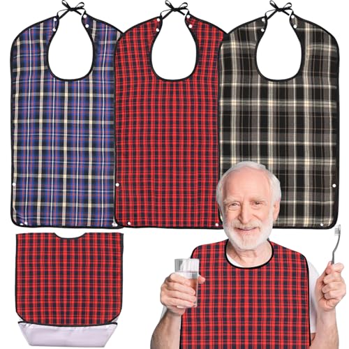 Oulisen 3 Pcs Adult Bibs For Men Washable, Reusable Waterproof Large Bibs For Adult, Clothing Protector With Crumb Catcher For Eating, Feeding Bib For Men Women Elderly Senior