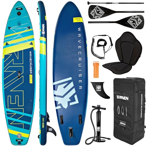 RAVEN SUP Board aufblasbares Stand Up Paddle Board Paddling Board mit Kamerahalterung Komplettset (WaveCruiser Blue/Lime 335cm)