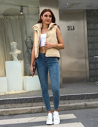 Womens Corduroy Puffer Vest Sleeveless Stand Collar Zip Up Snap Lightweight Jacket Padded Gilet Outerwear2