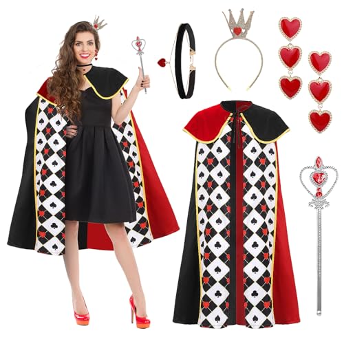 Zophlly Herzkönigin Kostüme für Damen, 6 Stück Königin der Herzen Umhang der Herzkönigin mit Krone für Halloween Karneval