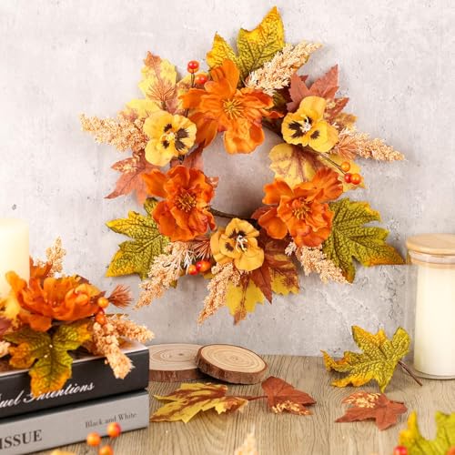 Image of 6 Pcs Fall Floral Candle Rings Wreath Mini Autumn Swags Wreaths with Berries Table Centerpiece Harvest Fall Hanging Wreath for Kitchen Cabinet Pillar Farmhouse Table Front Door Indoor Decorations