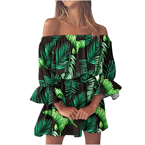 Damen Sommerkleid Sexy Schulterfreies Kleid Sommer Blumen Minikleid Off Shoulder Glocke Ärmel Elegant Vintage Kleider Kurz Boho Blumenkleid Festlich...