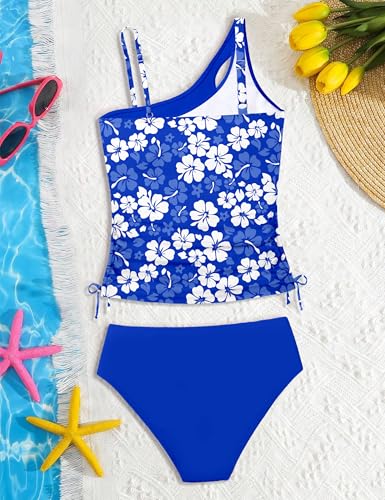 Image of AGAPENG Girls Swimsuit Two Piece One Shoulder Tankini Floral Print Drawstring Swimwear Set 7-14Y