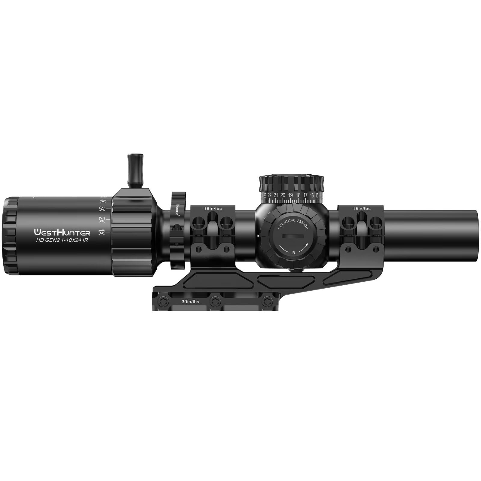 WestHunter Optics HD GEN2 1-10x24 IR LPVO Mira Telescópica, Segundo Plano Focal (SFP), Tubo de 30mm, Retícula Iluminada, Ajuste 1/4 Moa de Precisión - Indicada Únicamente para Actividades Deportivas