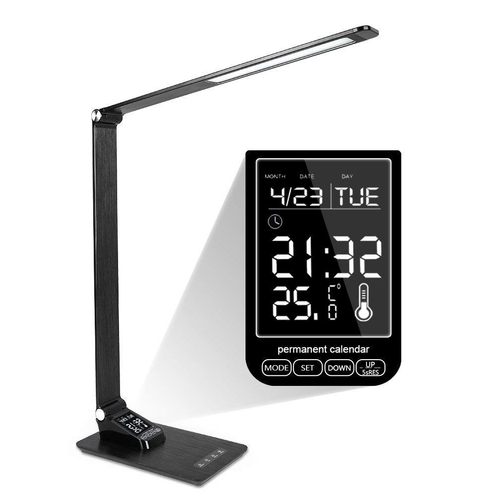 Lampada da scrivania in Metallo, Lampada da Studio, Lampada da Ufficio a LED con Porta di Ricarica USB, Data, Ora, Sveglia e Temperatura, Lampada da Ufficio, Luce di Lettura Che Protegge Gli occh