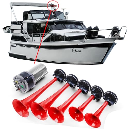 5 Klang Bootsfanfare La Cucaracha Melodie Hupe mit Kompressor Rot 118dB 12 Volt