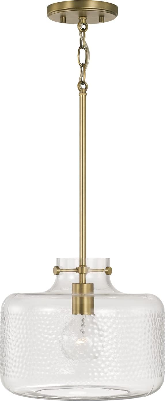 Capital Lighting 342512AD Brighton Transitional Clear Pebbled Glass Jar Pendant Light Fixture, 1-Light 100 Watt, 10" H x 12" W, Aged Brass