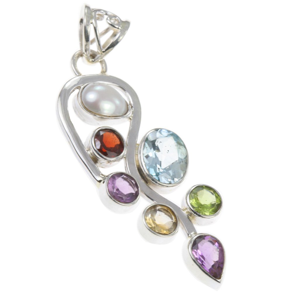 925 Sterling Silver NATURAL BLUE TOPAZ, CITRINE, PEARL, AMETHSYT Pendant, 1.88"