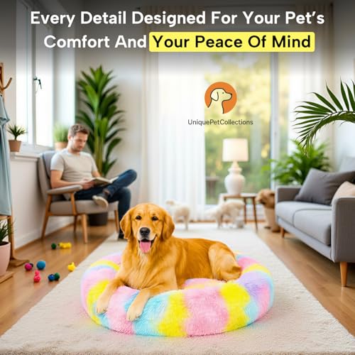 Image of Pet Donut Bed, Plush Anti-Anxiety Calming Cushion for Dogs and Cats, Soft Fluffy Donut Cuddler (Multi, M)