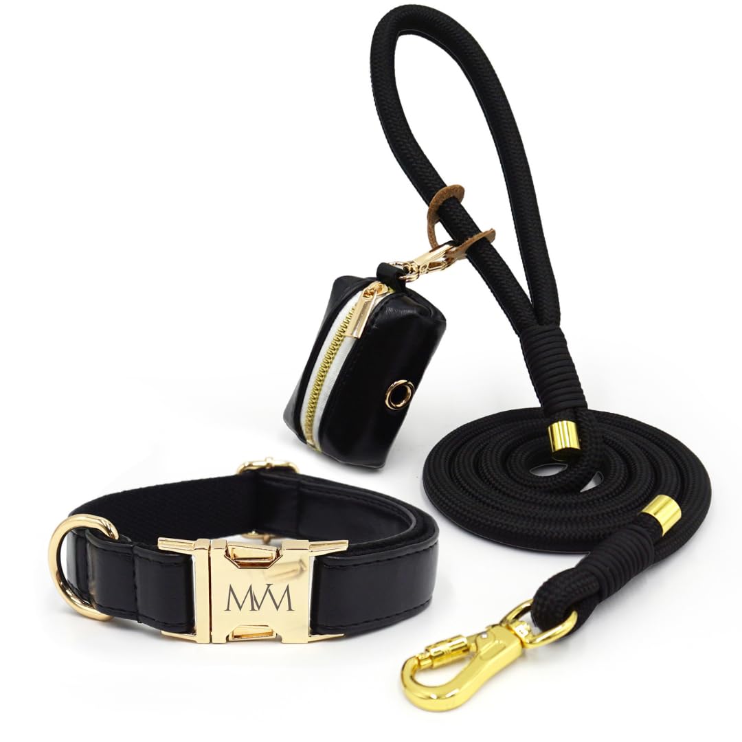 MVM Hundeleine mit Halsband & Kotbeutelspender Set - Wasserdicht & Pflegeleicht - PU Leder & Geflochtenes Nylon - Goldene Verschlüsse - Verstellbar Kleine, Mittlere & Große Hunde - [Schwarz,
