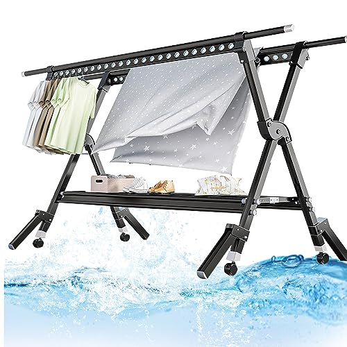 Retractable Clothes Drying Rack, Indoor Laundry Stand Organizer with Wheels for Space Saving