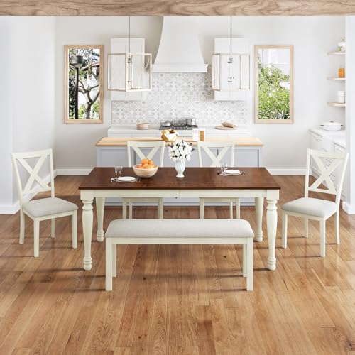 AMERLIFE 6-Piece Farmhouse Dining Table Set with 4 Upholstered Chairs and Bench, 71” Solid Wood Table, Seating for 6, for Dining Room or Kitchen, Rustic White & Walnut Finish