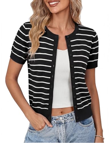 Image of GRACE KARIN Women Short Sleeve Cardigan, 2026 Summer Knitted Sweater Tops, Basic Crew Neck Crop Outfits