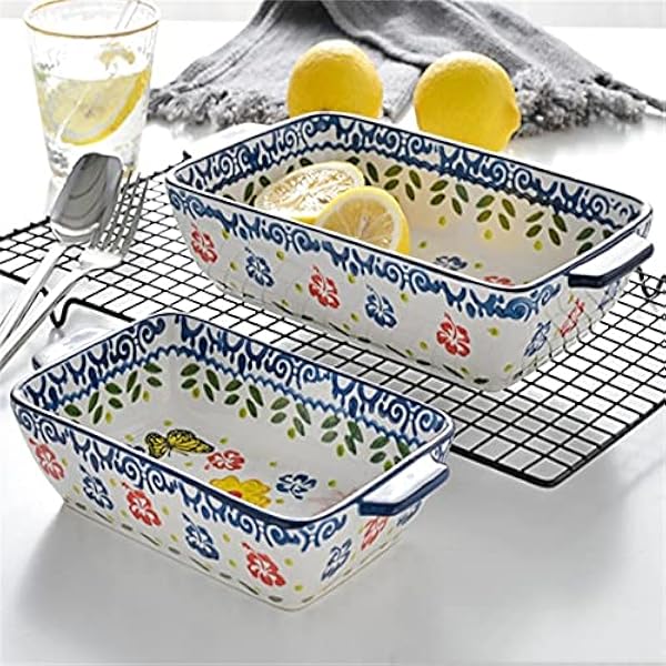 Keramische bakschaal handgeschilderde kunstplaat diepe plaat schotel plaat rechthoek binauraal keramische bakpan kaas gebakken rijstpan oven toegewijd (kleur: blauw, maat: 23 x 13 x 4,5 cm)