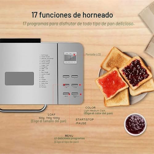 Máquina para hacer pan con dispensador de frutos secos – 17 menús preestablecidos y temporizador de 15 horas para trigo integral, pan francés, mermelada, yogur, pastel y arroz pegajoso