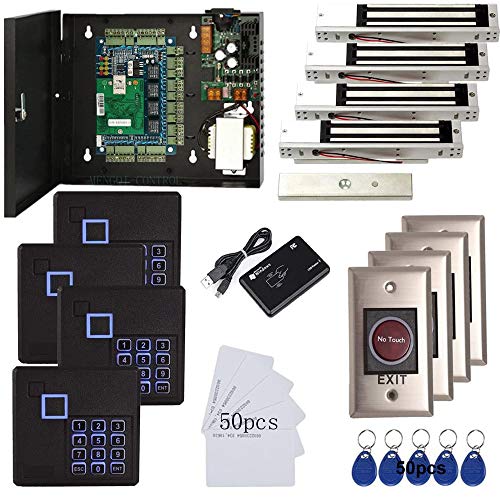 4 Doors Access Control Kit Infrared None Touch Exit Button Keypad Reader 600lbs Electric Magnetic Lock 110V Metal Power Supply Box RFID Card & Key Fob(Phone APP remotely Open Door) 4 Doors Access Control Kit Infrared None Touch Exit Button Keypad Reader 600lbs Electric Magnetic Lock 110V Metal Power Supply Box RFID Card & Key Fob(Phone APP remotely Open Door)