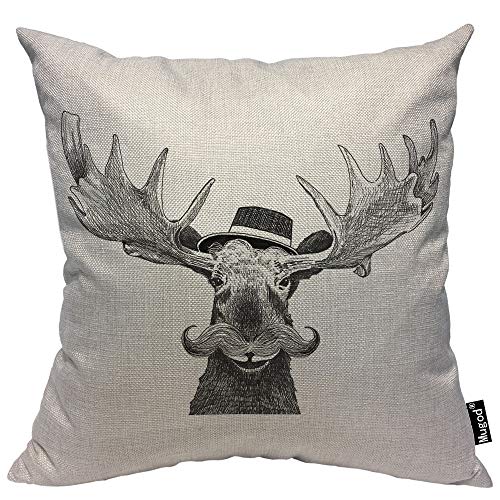 Mugod Moose Throw Pillow Cover Hipster Moose Large Mustache Cool Hat Antlers Funny