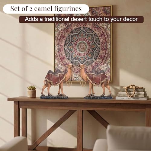 Image of Kuber Industries Set of 2 Camel Figurines Idol for Giffting Item | 7x9 Inch Resin Camel Showpiece for Home Decor, Office Table & Shelf Decoration | Brown