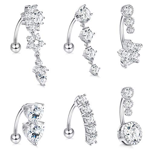 LOLIAS 6 Pcs 14G Piercing de Nombril Anneaux Acier Chirurgical Dangle pour Femmes Clair CZ Barbell Piercing Dangle Reverse Curved Nombril Barbell Belly Piercing Bijoux Cover