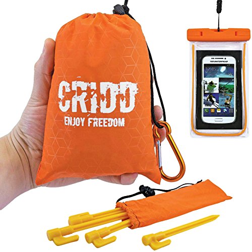 Portable Pocket Blanket Set for Outdoor Activities – Camping Picnic Hiking Gear – Compact Beach Blanket with 4 Stakes to Secure it, a Zipped Pocket for Valuables and a Waterproof Phone Case – 60