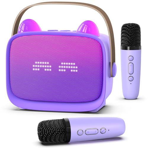 Mgaolo Upgraded Mini Karaoke Machine Toy for Kids Portable Bluetooth Speaker with 2 Wireless Mics Emoji & Colorful LED Lights Home Travel & Party Play Gifts for Boys Girls (Purple)