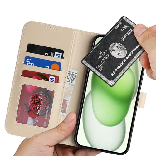 Image of for iPhone 15 Plus Case Wallet with Card Holder,for iPhone 14 Plus Wallet Case for Women Men,PU Leather Shockproof Magnetic Buckle Stand Flip Phone Case-Beige