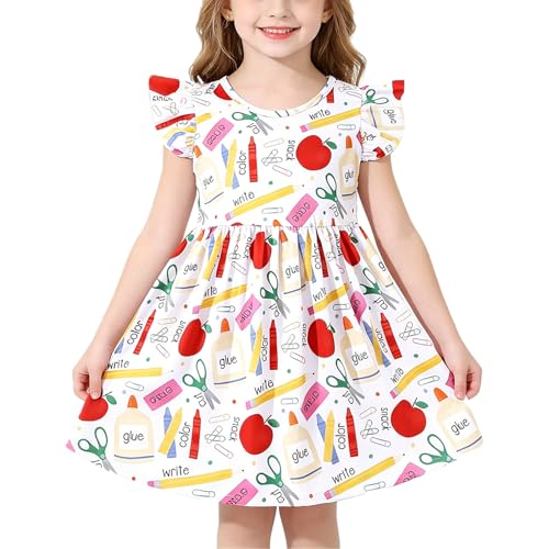 Toddler Girl Dress Back to School Pencil School Bus Print Dress Summer Outfits 6-7T