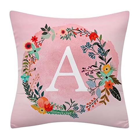 Fullfun Alphabet Letter Cushion Covers, Pink Double Sided Flower and Letter Printed Throw Pillow Covers Soft Polyester Decorative Pillow Cases for Sofa Couch Bedroom Home Decor (1PC, 45cm x 45cm) Cover