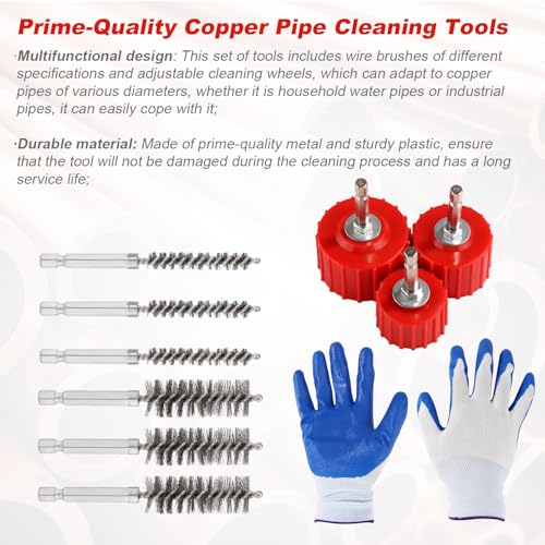 Image of 10pcs Copper Pipe Cleaner Set for Power Drill, Include 1 /2 inch 3 /4 inch 1 inch Tube Brush and 6pcs Wire Bore Brush Metal Pipe Cleaner Kit with Gloves for Drill Bit Cleaning Copper Tool Pipes Tubes and Fittings