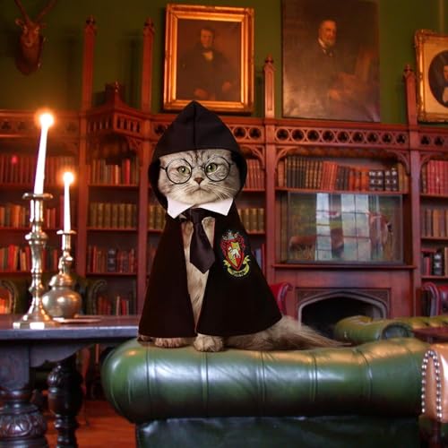 NIULA Cat Halloween Costume - Pet Wizard Costumes Mantle Magician Cosplay Clothes with Bowtie & Glasses Set, Festival Party Apparel for Small Pets Cats Dogs - image 5